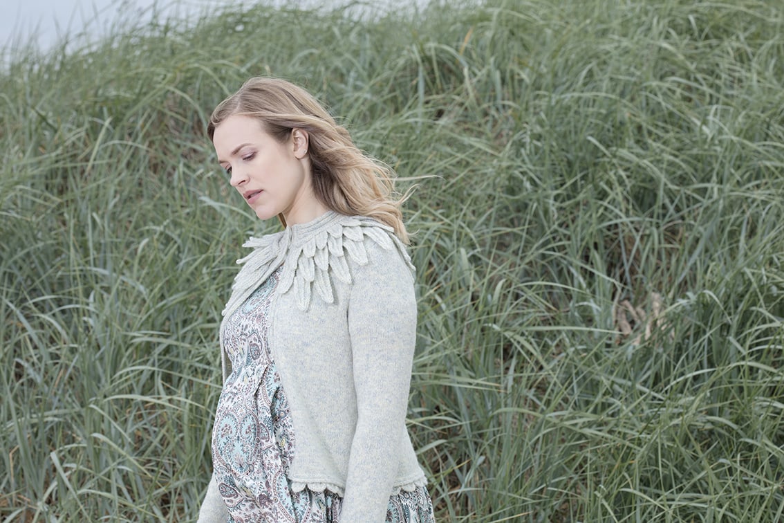 Raven cardigan hand knitwear design in Solan Goose Hebridean 2 Ply from the book Glamourie by Alice Starmore