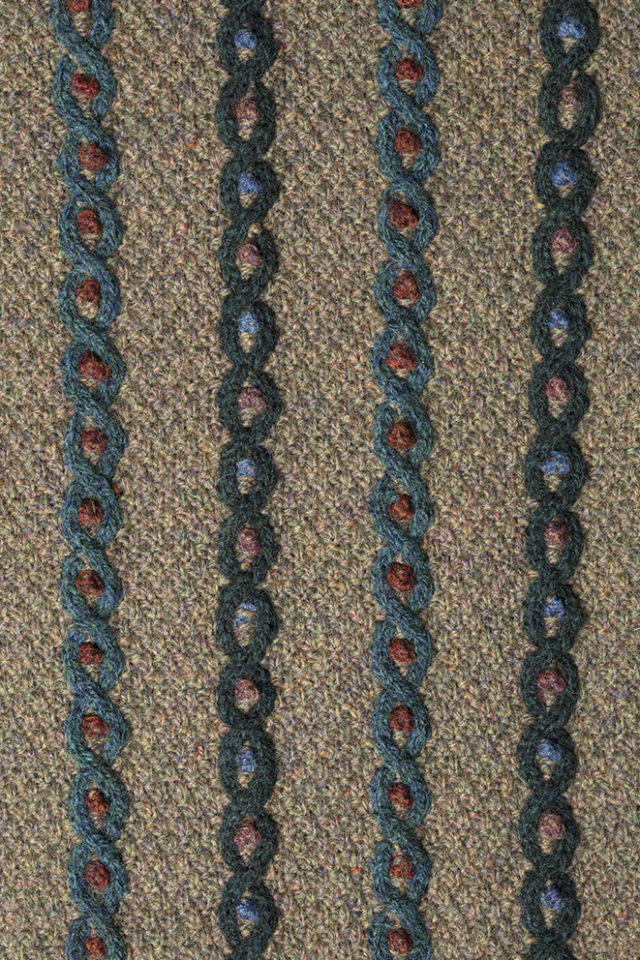 Detail of the Boudicca's Braid knitwear design from Aran Knitting by Alice Starmore in pure wool Hebridean 2 Ply hand knitting yarn