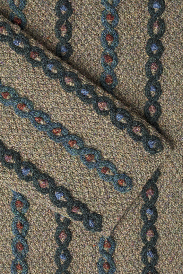 Detail of the Boudicca's Braid knitwear design from Aran Knitting by Alice Starmore in pure wool Hebridean 2 Ply hand knitting yarn