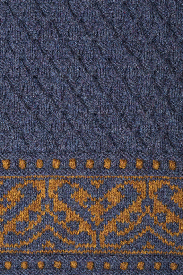 Detail of the Catherine Parr knitwear design from Tudor Roses by Alice Starmore in pure wool Hebridean 3 Ply hand knitting yarn