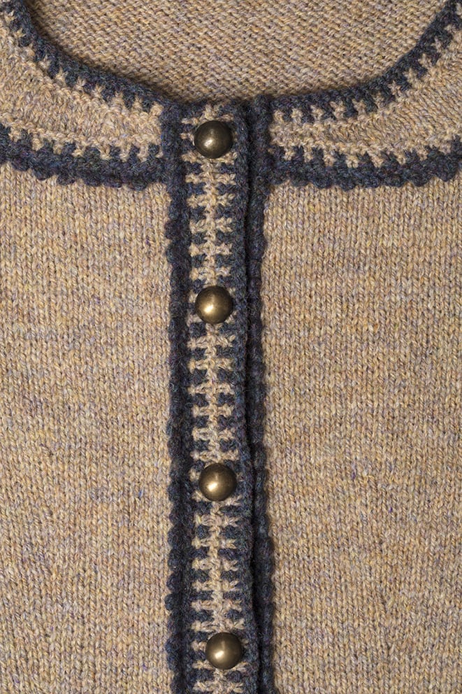 Detail of the Elizabeth Woodville knitwear design from Tudor Roses by Alice Starmore in pure wool Hebridean 2 Ply hand knitting yarn