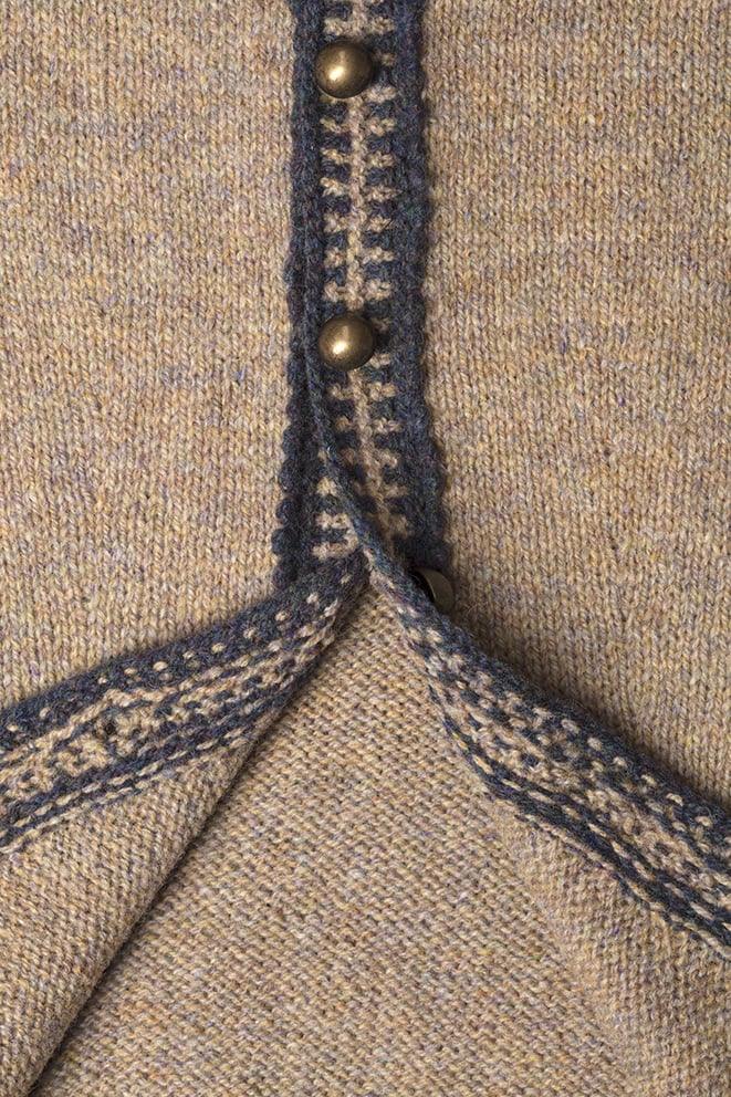 Detail of the Elizabeth Woodville knitwear design from Tudor Roses by Alice Starmore in pure wool Hebridean 2 Ply hand knitting yarn