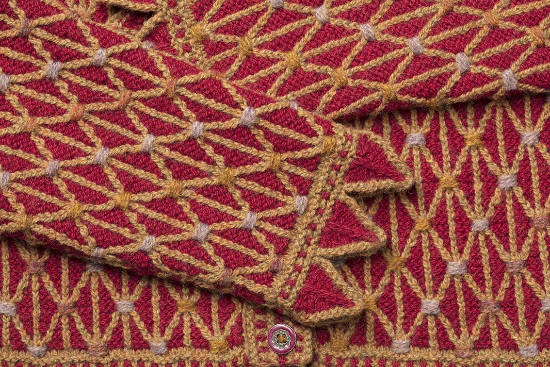 Detail of the Jane Seymour knitwear design from Tudor Roses by Alice Starmore in pure wool Hebridean 2 Ply hand knitting yarn