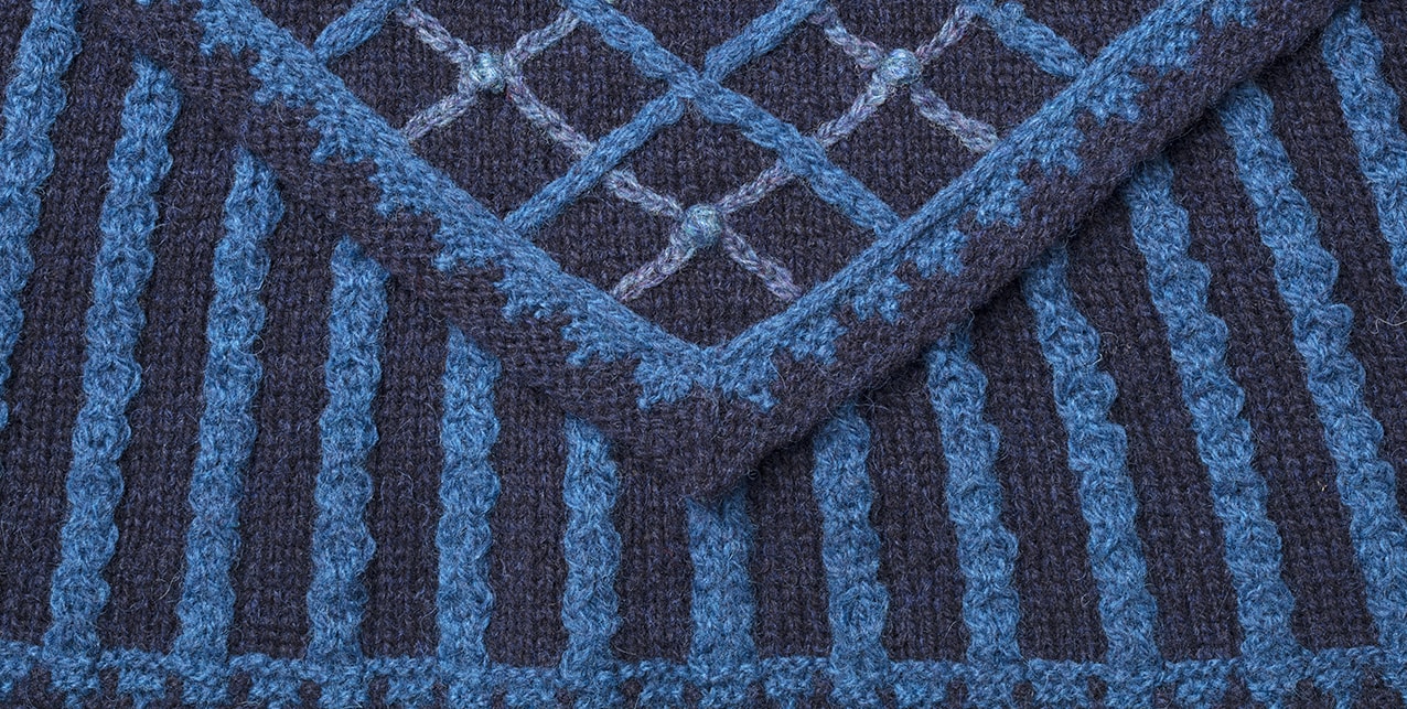 Detail of the Katherine Howard knitwear design from Tudor Roses by Alice Starmore in pure wool Hebridean 2 Ply hand knitting yarn