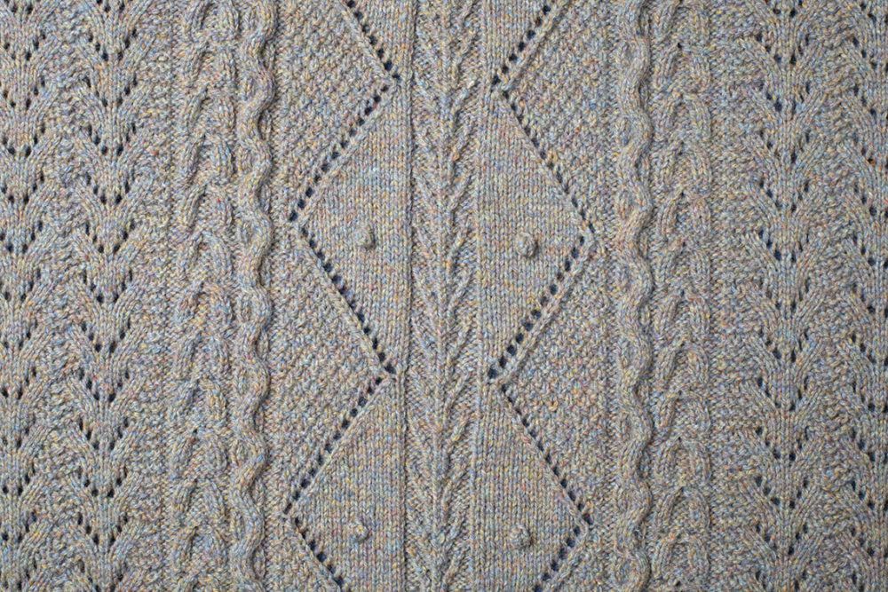 Detail of the Maidenhair Shawl knitwear design from Aran Knitting by Alice Starmore in pure wool Hebridean 3 Ply hand knitting yarn
