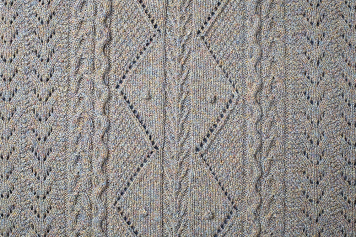 Detail of the Maidenhair Shawl knitwear design from Aran Knitting by Alice Starmore in pure wool Hebridean 3 Ply hand knitting yarn