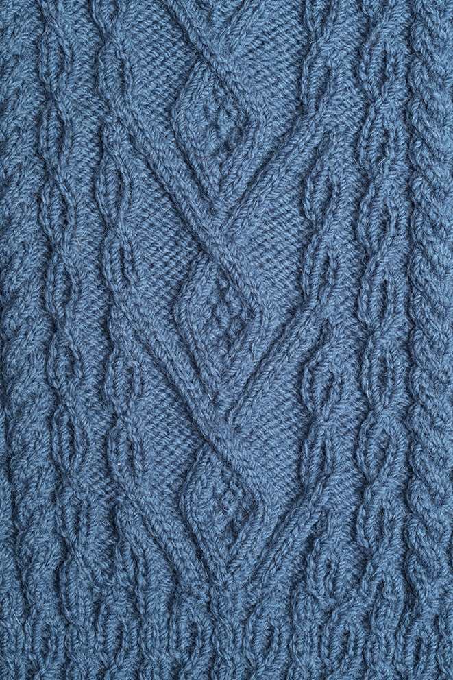 Detail of the Malin knitwear design patterncard kit by Alice Starmore in pure wool Bainin hand knitting yarn