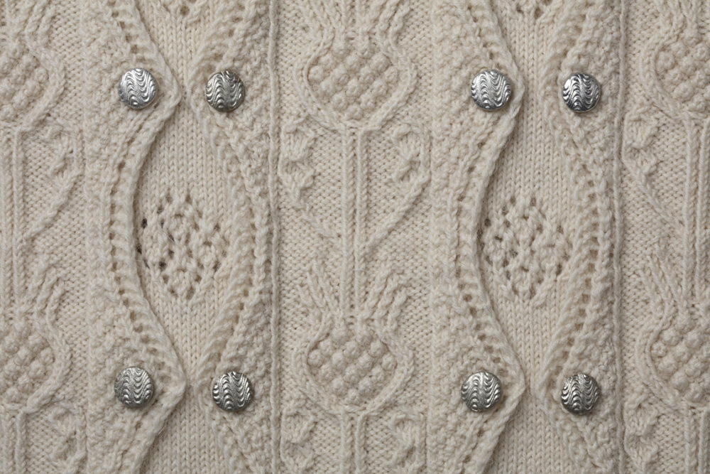 Detail of the Margaret Tudor knitwear design from Tudor Roses by Alice Starmore in pure wool Scottish Fleet hand knitting yarn