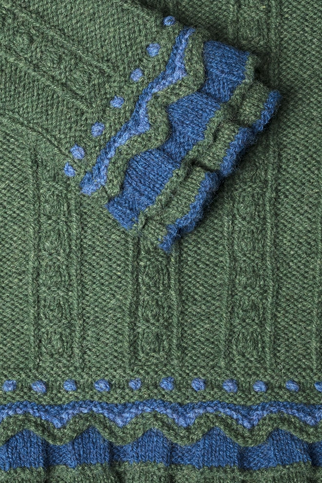 Detail of the Mary Queen of Scots knitwear design from Tudor Roses by Alice Starmore in pure wool Hebridean 3 & 2 Ply hand knitting yarn