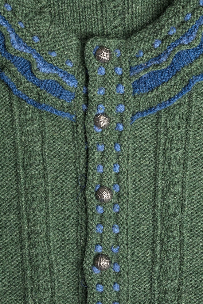 Detail of the Mary Queen of Scots knitwear design from Tudor Roses by Alice Starmore in pure wool Hebridean 3 & 2 Ply hand knitting yarn