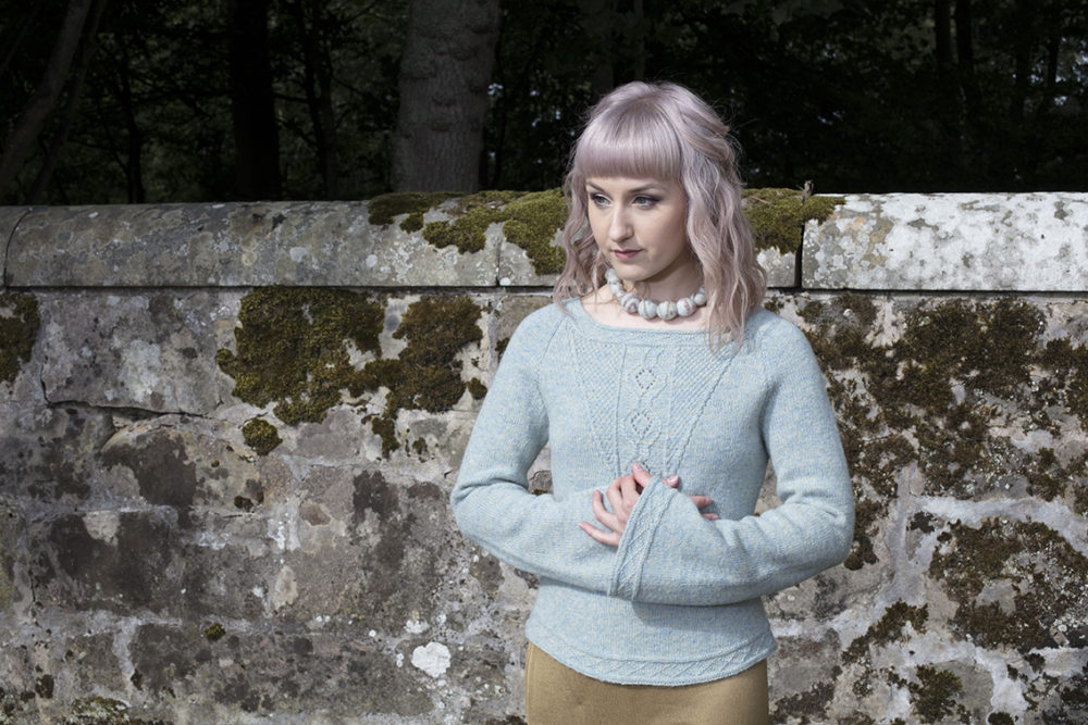 Elizabeth I knitwear design from Tudor Roses and felted Quartz necklace by Alice Starmore in pure wool Hebridean 2 Ply hand knitting yarn