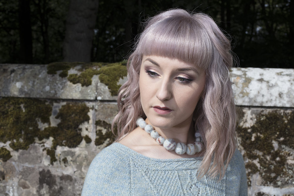 Elizabeth I knitwear design from Tudor Roses and felted Quartz necklace by Alice Starmore in pure wool Hebridean 2 Ply hand knitting yarn