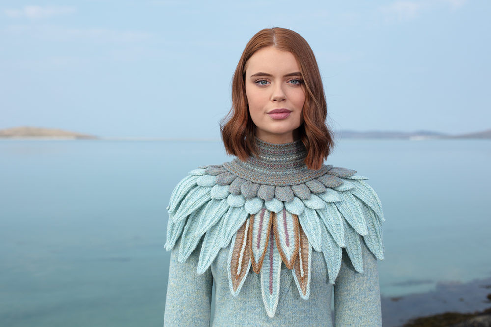 Lapwing Collar patterncard knitwear design by Alice Starmore in pure wool Hebridean 2 Ply hand knitting yarn