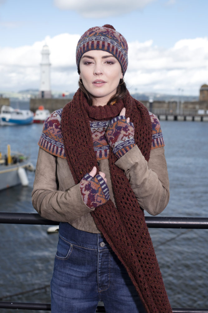 Hawk & Hound Hat Set patterncard kit by Jade Starmore and Driftnet Scarf patterncard kit by Alice Starmore in pure wool Hebridean 2 Ply hand knitting yarn