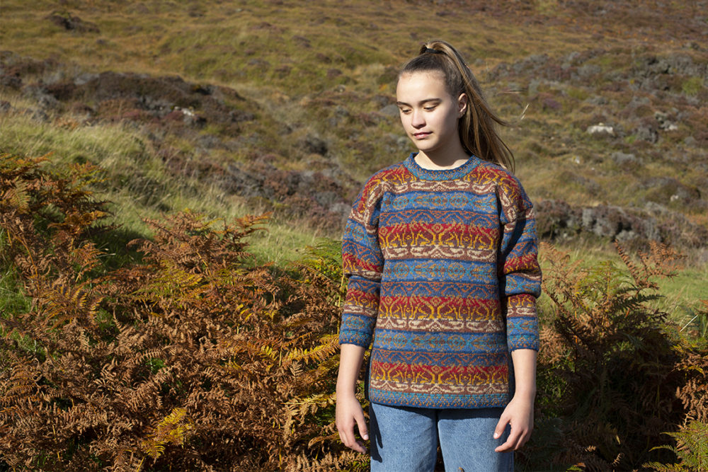 Leo Pullover patterncard knitwear design by Jade Starmore in pure wool Hebridean 2 Ply hand knitting yarn