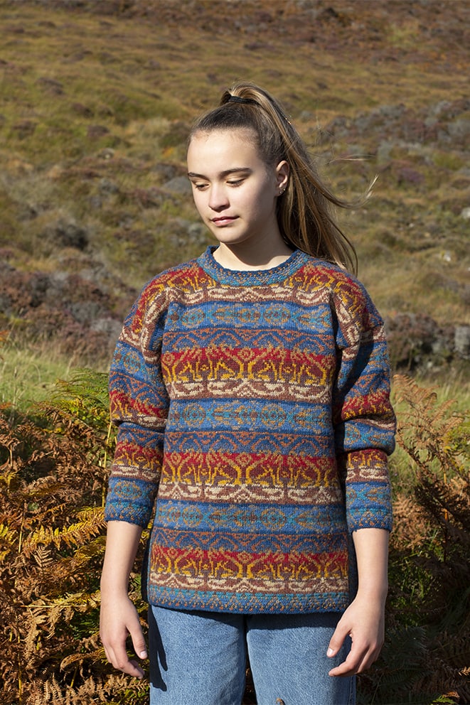 Leo Pullover patterncard knitwear design by Jade Starmore in pure wool Hebridean 2 Ply hand knitting yarn