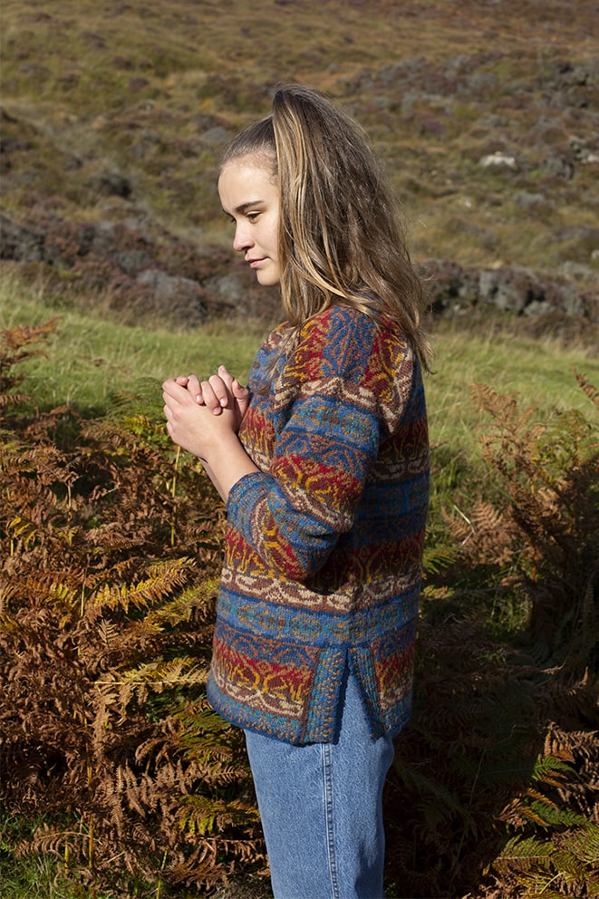 Leo Pullover patterncard knitwear design by Jade Starmore in pure wool Hebridean 2 Ply hand knitting yarn