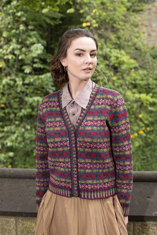 Maud Cardigan patterncard knitwear design by Alice Starmore in pure wool Hebridean 2 Ply hand knitting yarn