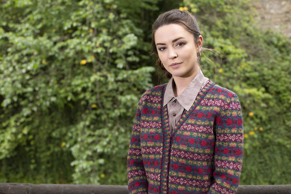 Maud Cardigan patterncard knitwear design by Alice Starmore in pure wool Hebridean 2 Ply hand knitting yarn