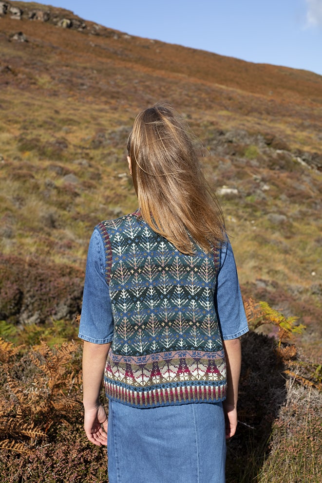 Oregon Vest patterncard knitwear design by Alice Starmore in pure wool Hebridean 2 Ply hand knitting yarn