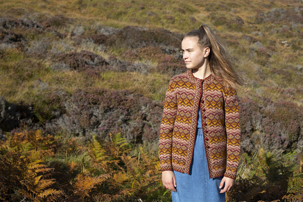Painted Lady patterncard knitwear design by Jade Starmore in pure wool Hebridean 2 Ply hand knitting yarn