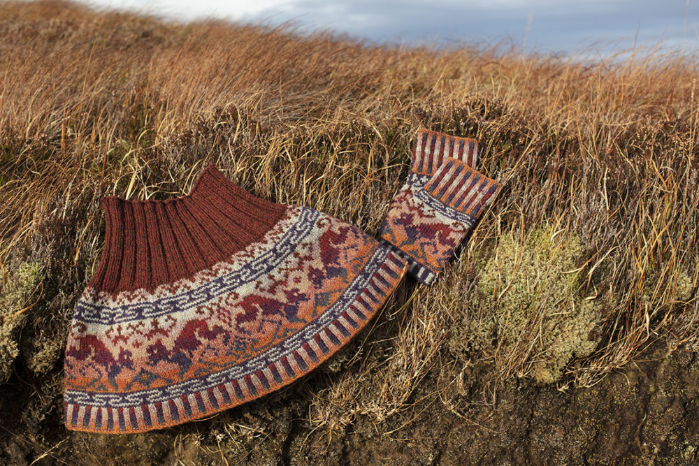 Hawk & Hound Hat Set patterncard knitwear design by Jade Starmore in pure wool Hebridean 2 & 3 Ply hand knitting yarn