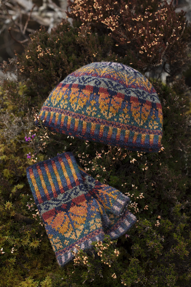 Oregon Autumn Hat Set patterncard knitwear design by Alice Starmore in pure wool Hebridean 2 Ply hand knitting yarn