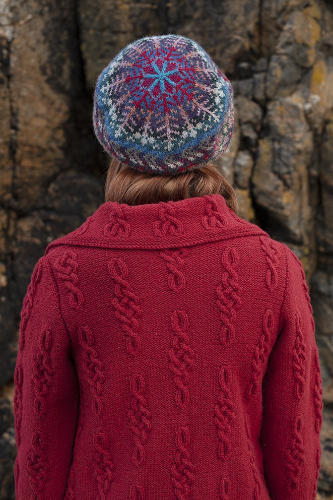 Graceknot cardigan and Marina hat set patterncard knitwear designs by Alice Starmore in pure wool Hebridean 2 & 3 Ply hand knitting yarn