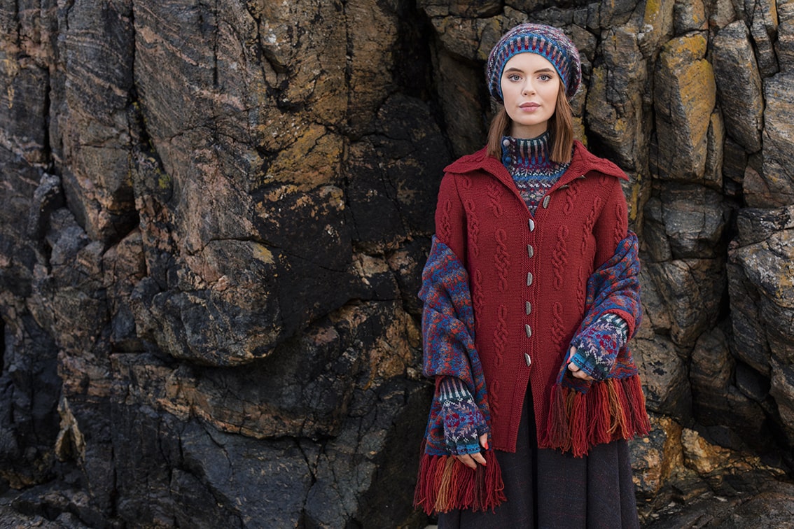 Graceknot cardigan and Marina hat set patterncard knitwear designs by Alice Starmore in pure wool Hebridean 2 & 3 Ply hand knitting yarn