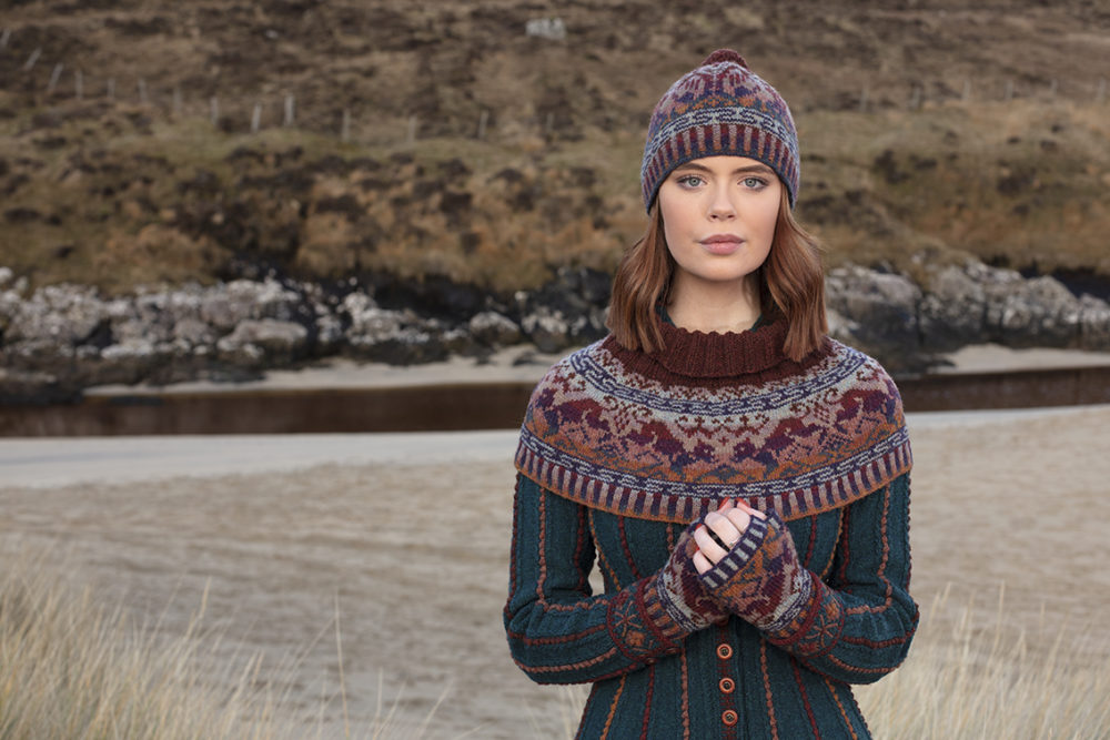 Hawk & Hound Hat Set patterncard knitwear design by Jade Starmore in pure wool Hebridean 2 & 3 Ply hand knitting yarn