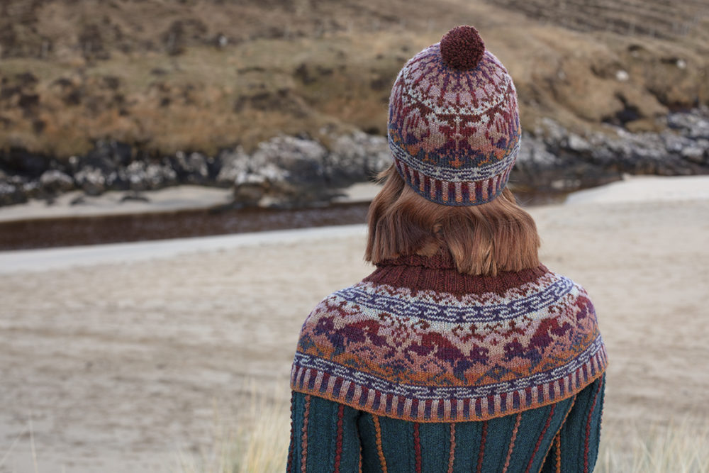 Hawk & Hound Hat Set patterncard knitwear design by Jade Starmore in pure wool Hebridean 2 & 3 Ply hand knitting yarn