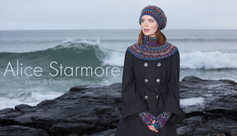 Marina hat set patterncard knitwear design by Alice Starmore in pure wool Hebridean 2 Ply hand knitting yarn