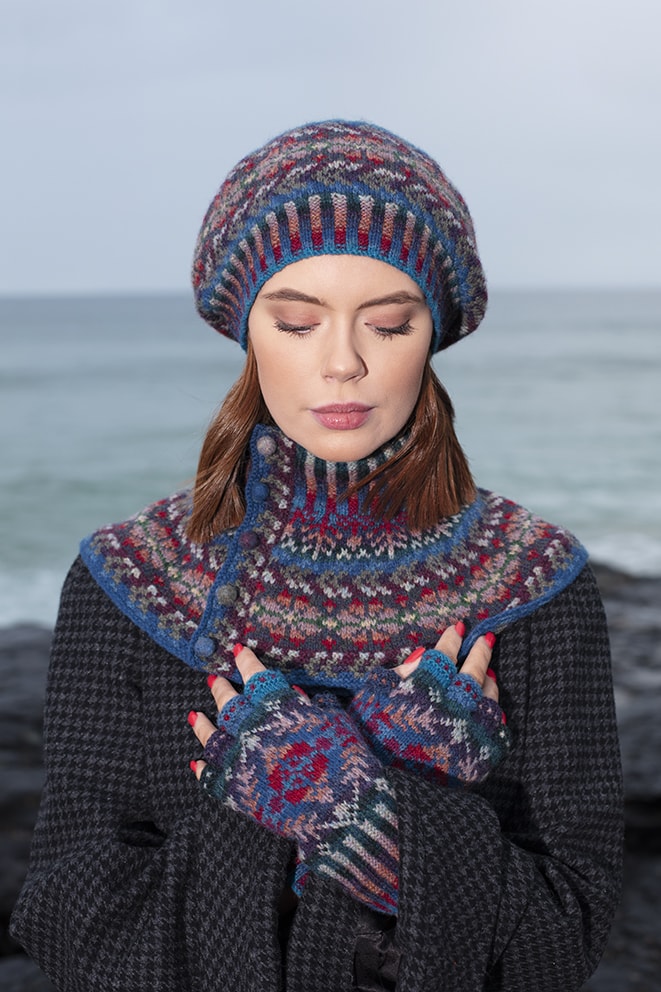 Marina Hat Set patterncard knitwear design by Alice Starmore in pure wool Hebridean 2 Ply hand knitting yarn