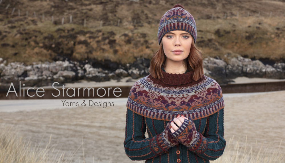 Hawk & Hound hat set patterncard knitwear design by Jade Starmore in pure wool Hebridean 2 & 3 Ply hand knitting yarn