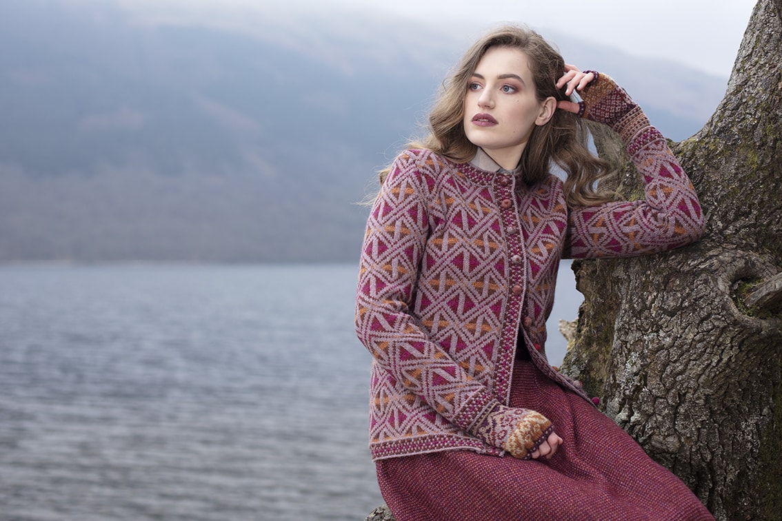 Rosemarkie Cardigan patterncard knitwear design by Alice Starmore in pure wool Hebridean 2 Ply hand knitting yarn