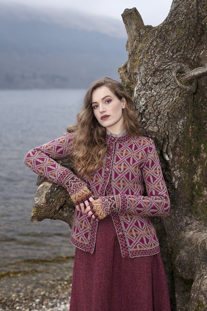 Rosemarkie Cardigan patterncard knitwear design by Alice Starmore in pure wool Hebridean 2 Ply hand knitting yarn