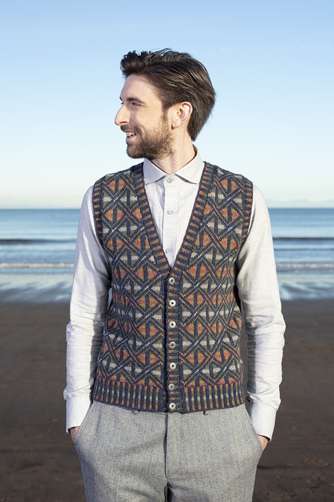 Rosemarkie Waistcoat patterncard knitwear design by Alice Starmore in pure wool Hebridean 2 Ply hand knitting yarn