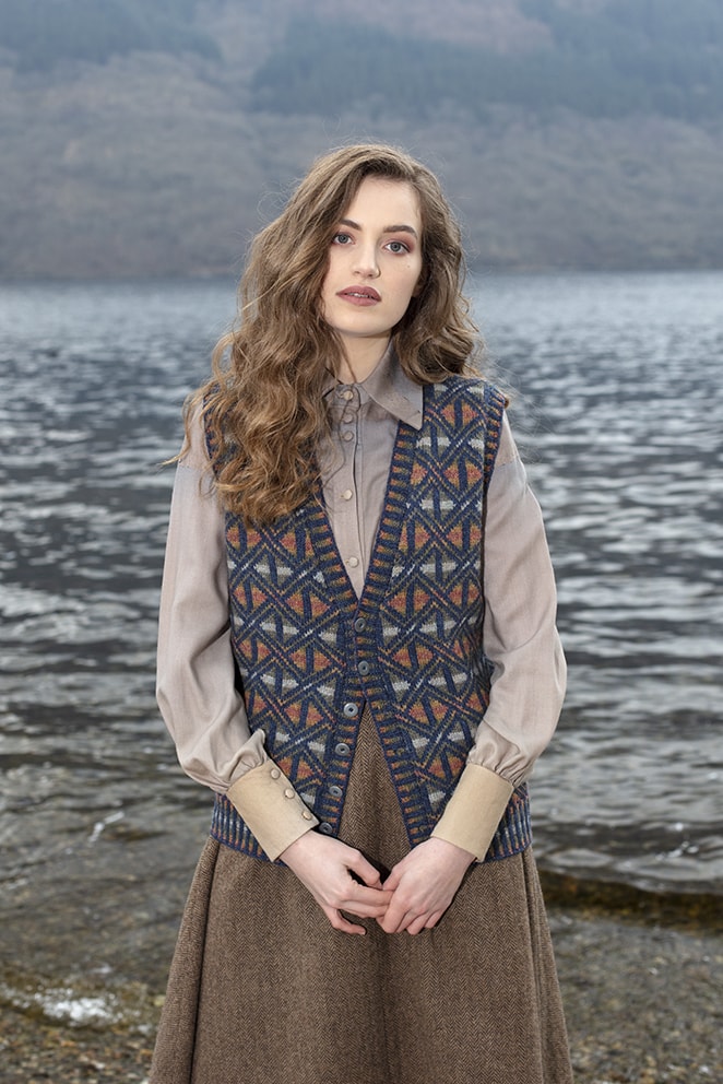 Rosemarkie Waistcoat patterncard knitwear design by Alice Starmore in pure wool Hebridean 2 Ply hand knitting yarn