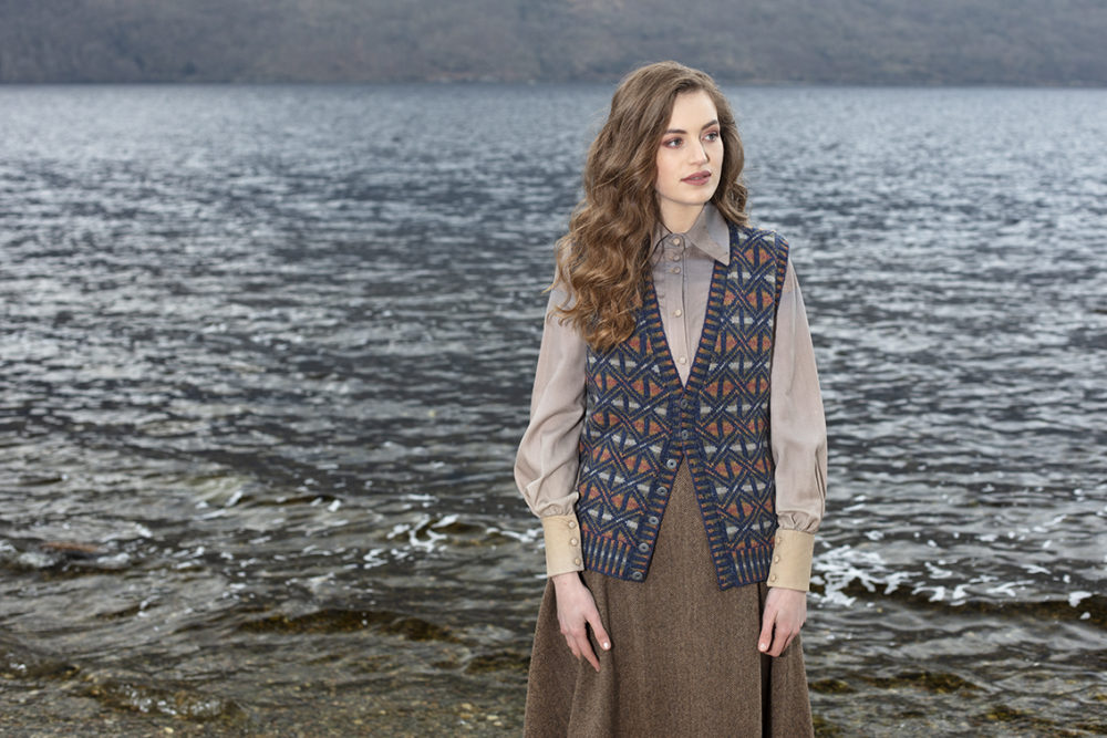 Rosemarkie Waistcoat patterncard knitwear design by Alice Starmore in pure wool Hebridean 2 Ply hand knitting yarn