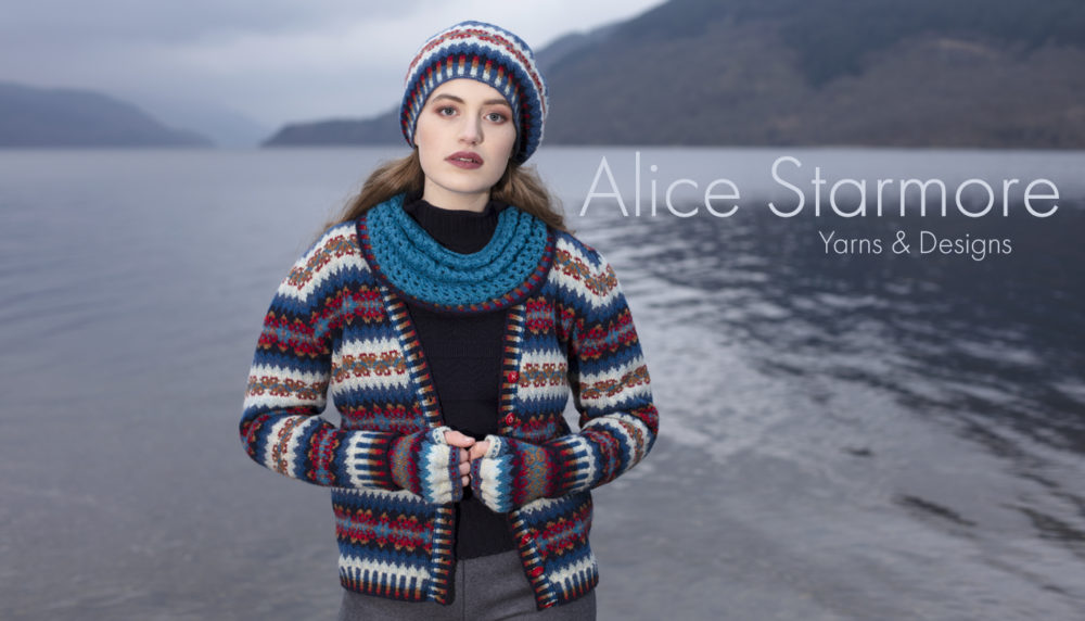 Wave Hat Set and Cardigan patterncard knitwear designs by Alice Starmore in pure wool Hebridean 2 Ply hand knitting yarn