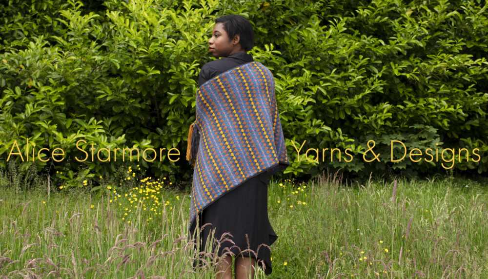 Gypsy Moth Wrap hand knitwear design in blue colourway from the book A Collector's Item by Jade Starmore