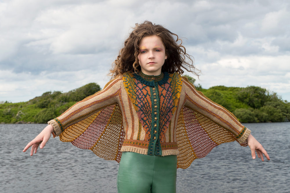 Damselfly costume knitwear design by Alice Starmore in pure wool Hebridean 2 Ply hand knitting yarn