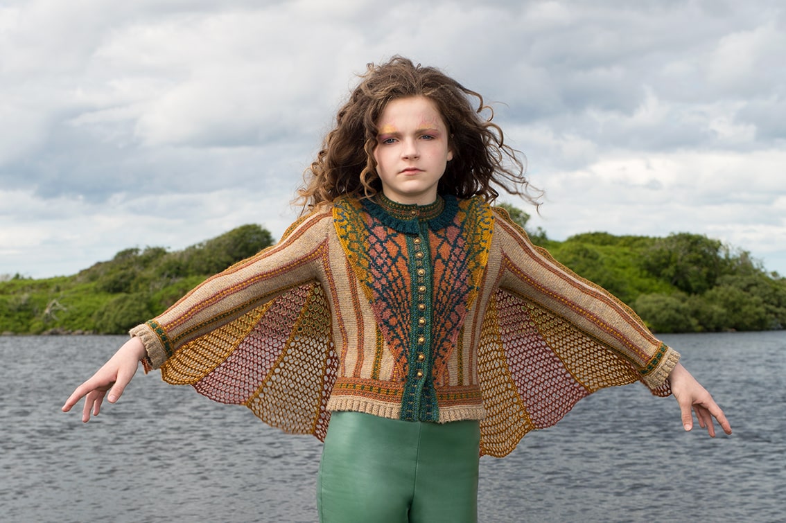 Damselfly costume knitwear design by Alice Starmore in pure wool Hebridean 2 Ply hand knitting yarn Damselfly costume knitwear design by Alice Starmore in pure wool Hebridean 2 Ply hand knitting yarn
