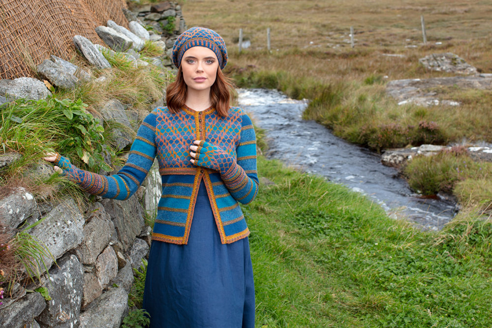 Damselfly Hat Set and cardigan designs by Alice Starmore in pure wool Hebridean 2 Ply hand knitting yarn