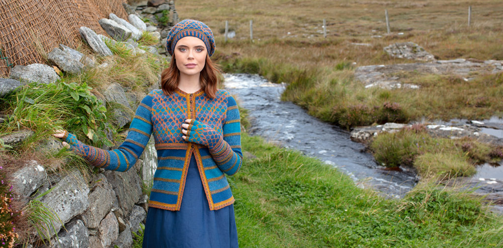 Damselfly Hat Set and cardigan designs by Alice Starmore in pure wool Hebridean 2 Ply hand knitting yarn
