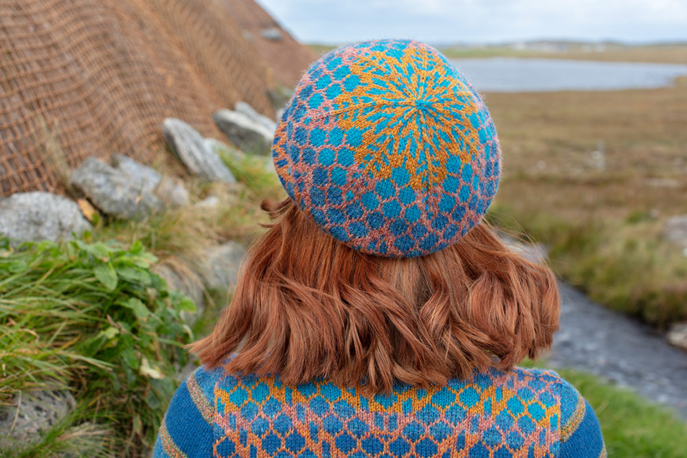 Damselfly Hat Set and cardigan designs by Alice Starmore in pure wool Hebridean 2 Ply hand knitting yarn