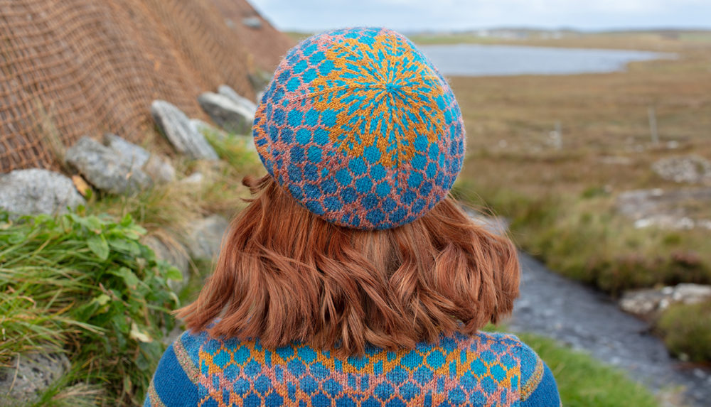 Damselfly Hat Set and cardigan designs by Alice Starmore in pure wool Hebridean 2 Ply hand knitting yarn