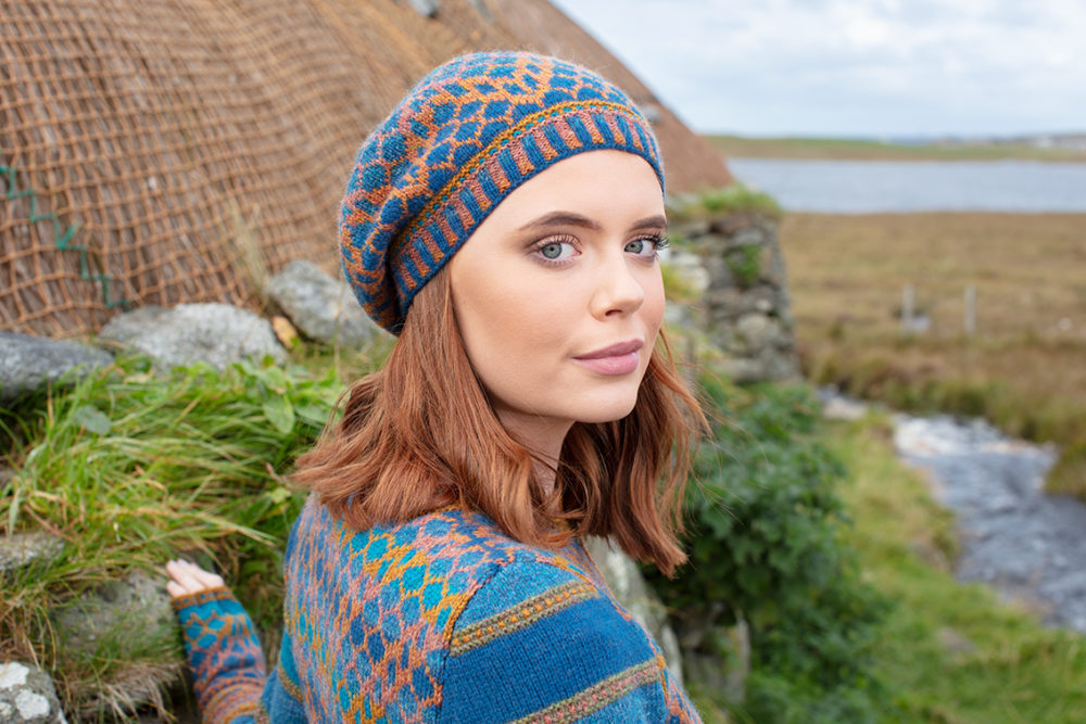 Damselfly Hat Set and cardigan designs by Alice Starmore in pure wool Hebridean 2 Ply hand knitting yarn