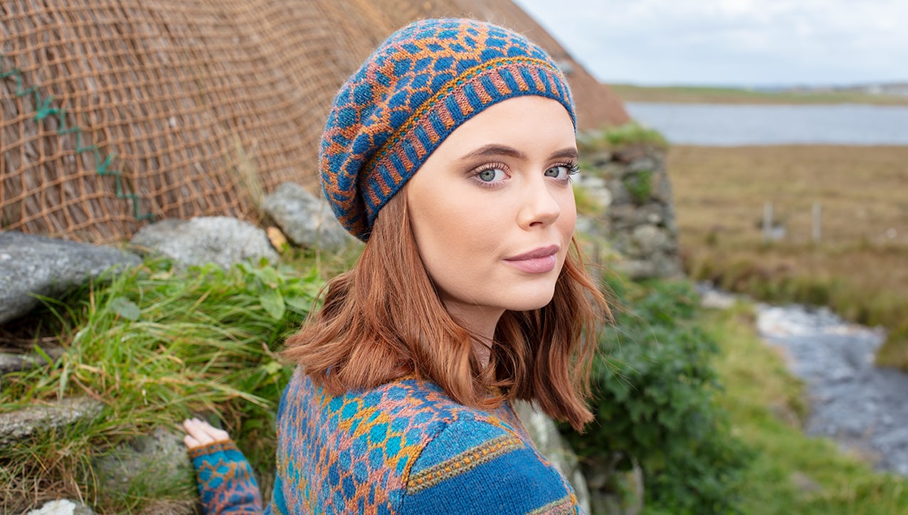 Damselfly Hat Set and cardigan designs by Alice Starmore in pure wool Hebridean 2 Ply hand knitting yarn