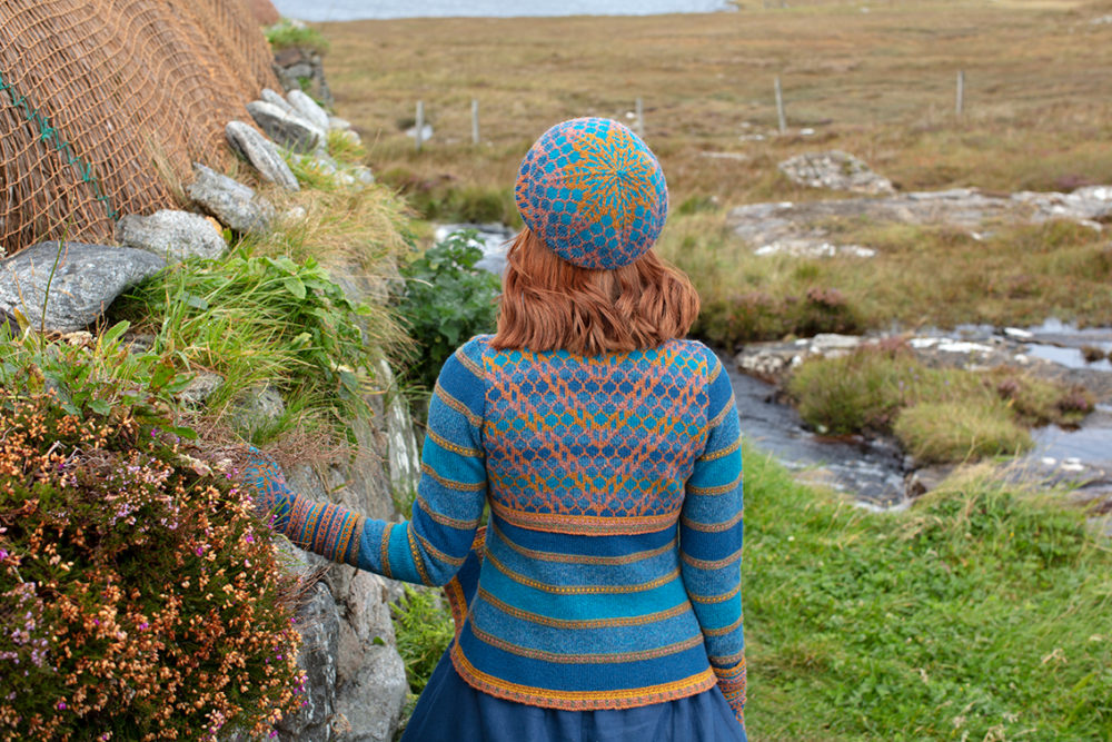 Damselfly Hat Set and cardigan designs by Alice Starmore in pure wool Hebridean 2 Ply hand knitting yarn